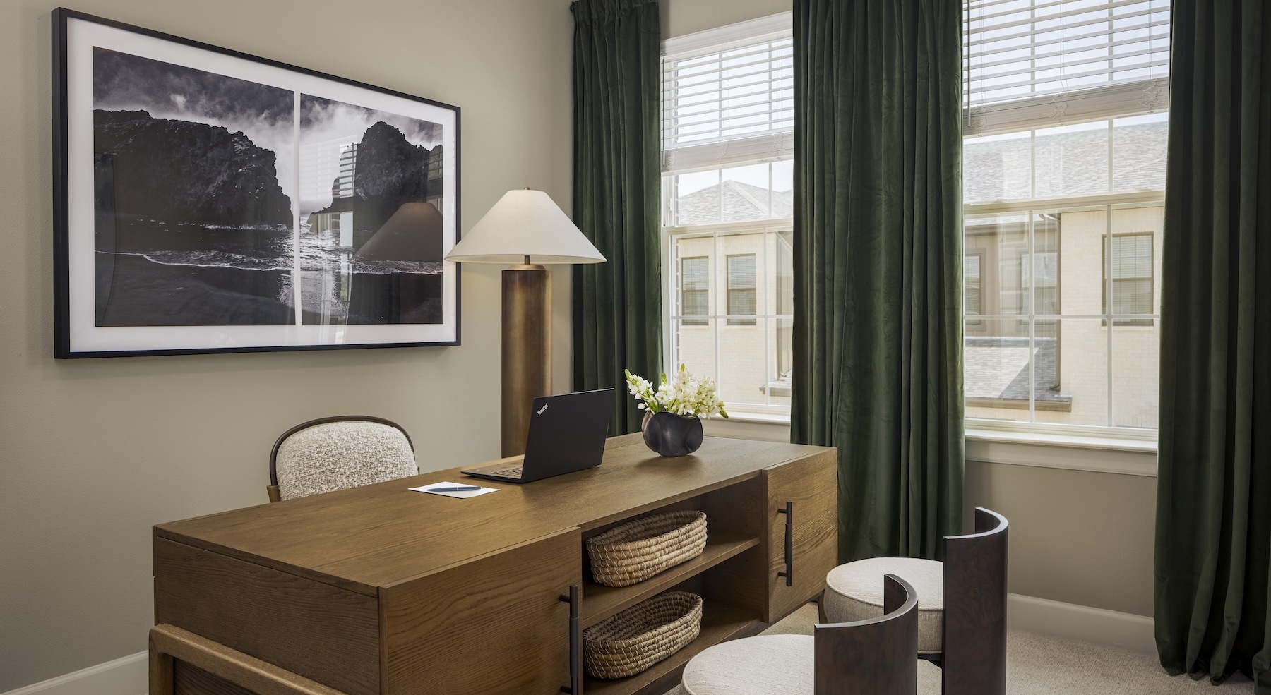 a desk and chairs in a room