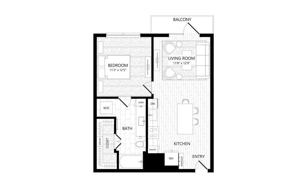 A1 - 1 bedroom floorplan layout with 1 bathroom and 672 square feet