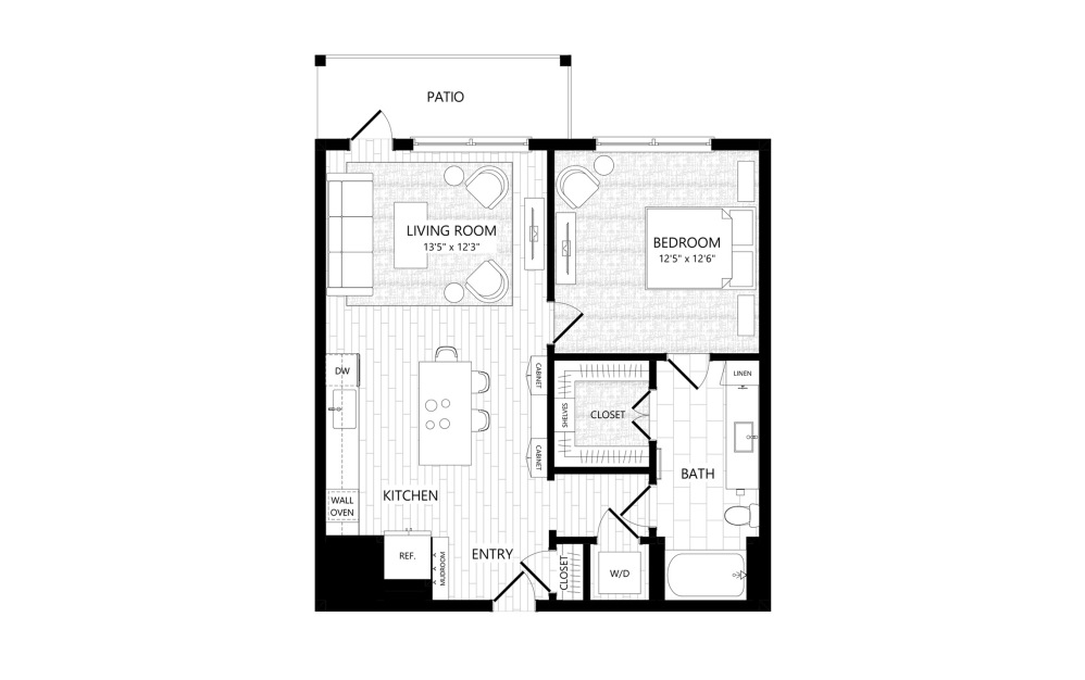 A2a - 1 bedroom floorplan layout with 1 bathroom and 756 square feet