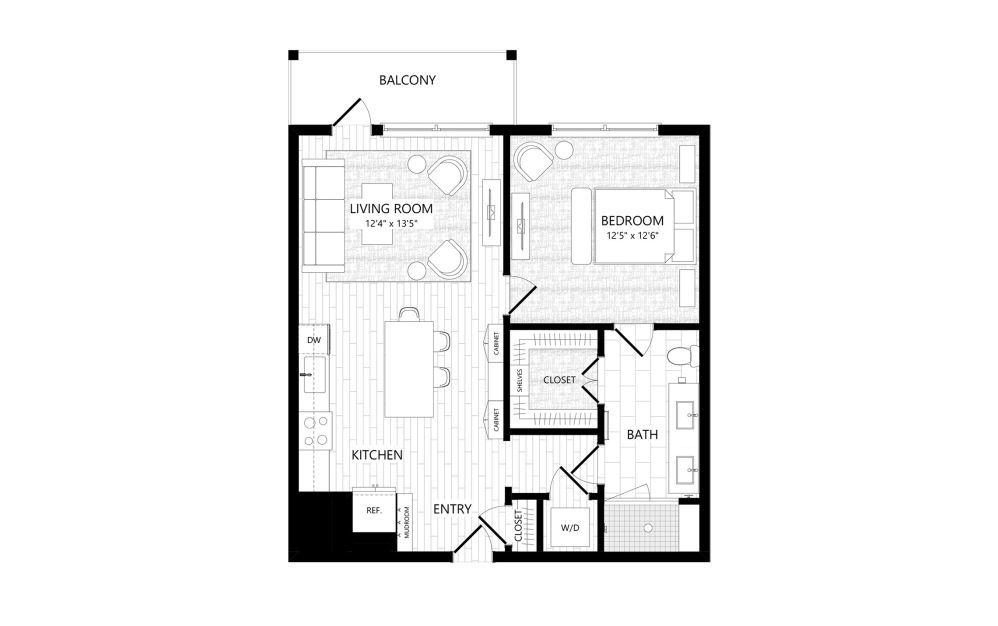 A3a - 1 bedroom floorplan layout with 1 bathroom and 756 square feet