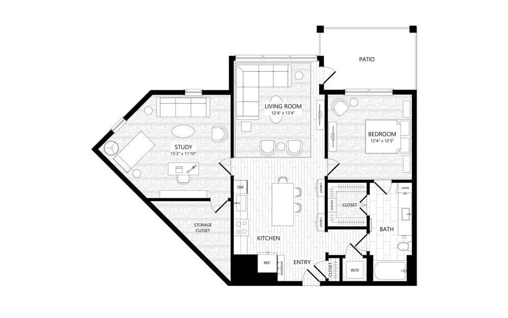 A5 - 1 bedroom floorplan layout with 1 bathroom and 1165 square feet