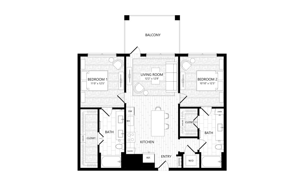B1 - 2 bedroom floorplan layout with 2 bathrooms and 1008 square feet