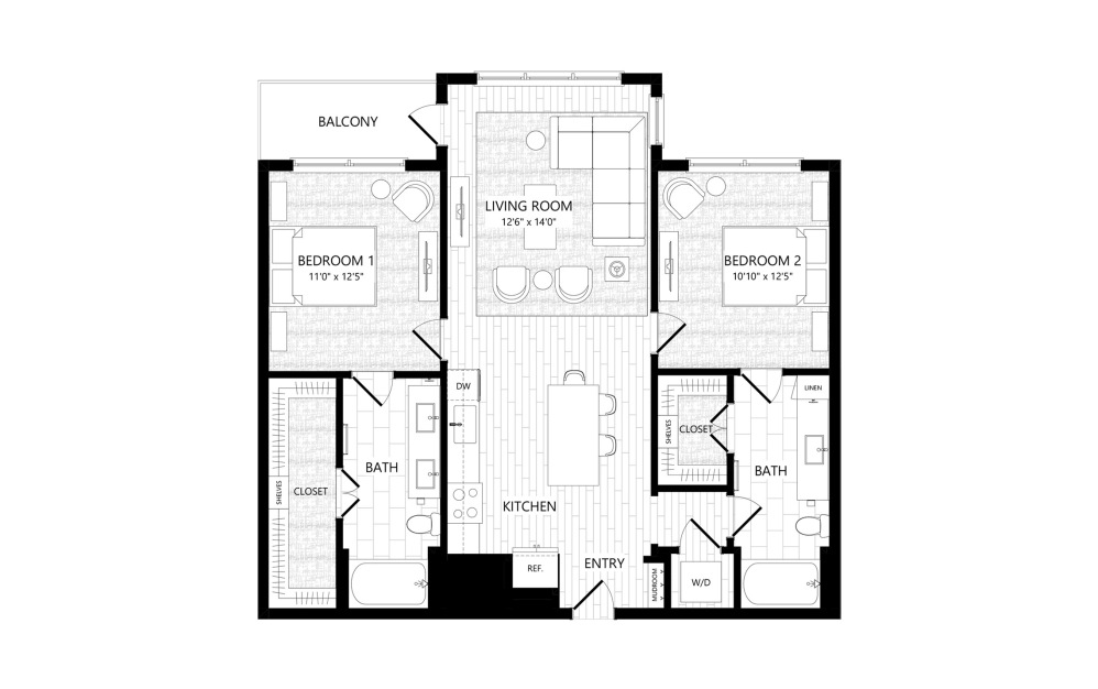 B2 - 2 bedroom floorplan layout with 2 bathrooms and 1077 square feet