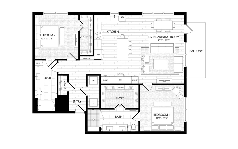 B5 - 2 bedroom floorplan layout with 2 bathrooms and 1372 square feet
