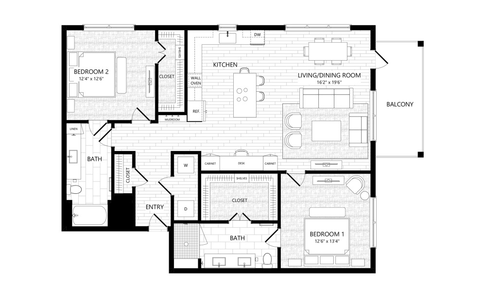 B5a - 2 bedroom floorplan layout with 2 bathrooms and 1372 square feet