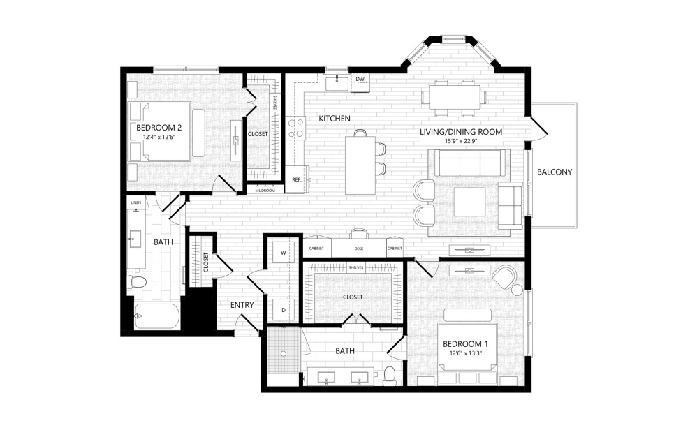B6 - 2 bedroom floorplan layout with 2 bathrooms and 1396 square feet