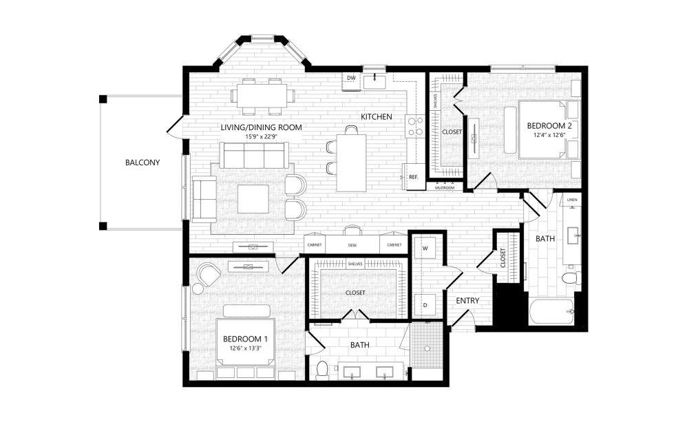 B6a - 2 bedroom floorplan layout with 2 bathrooms and 1396 square feet