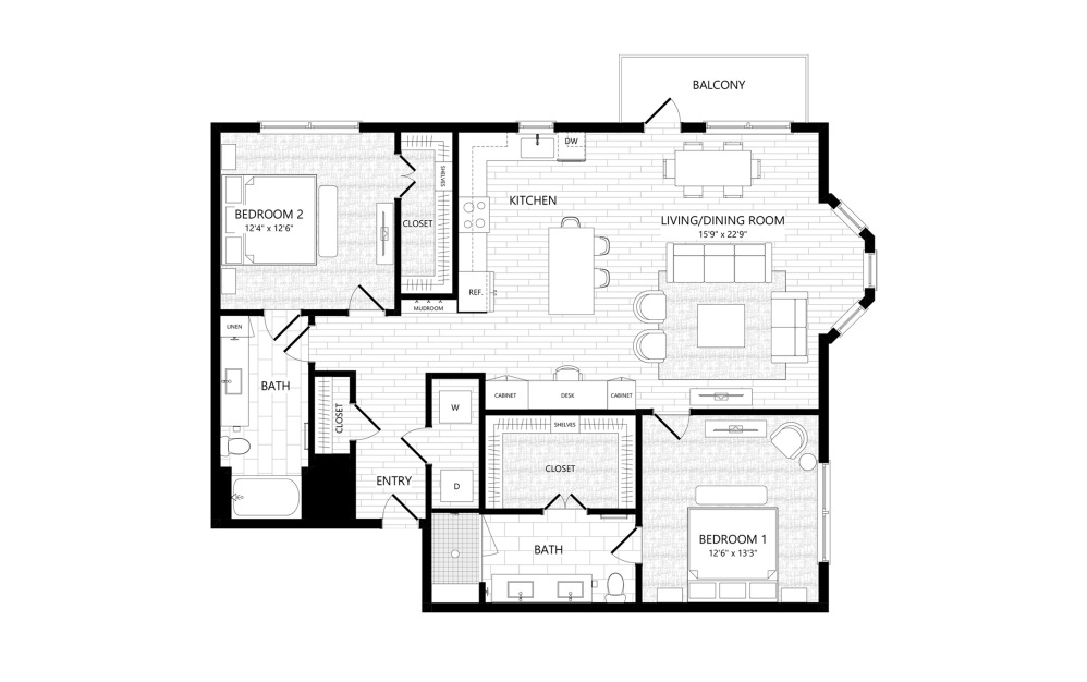 B7 - 2 bedroom floorplan layout with 2 bathrooms and 1396 square feet
