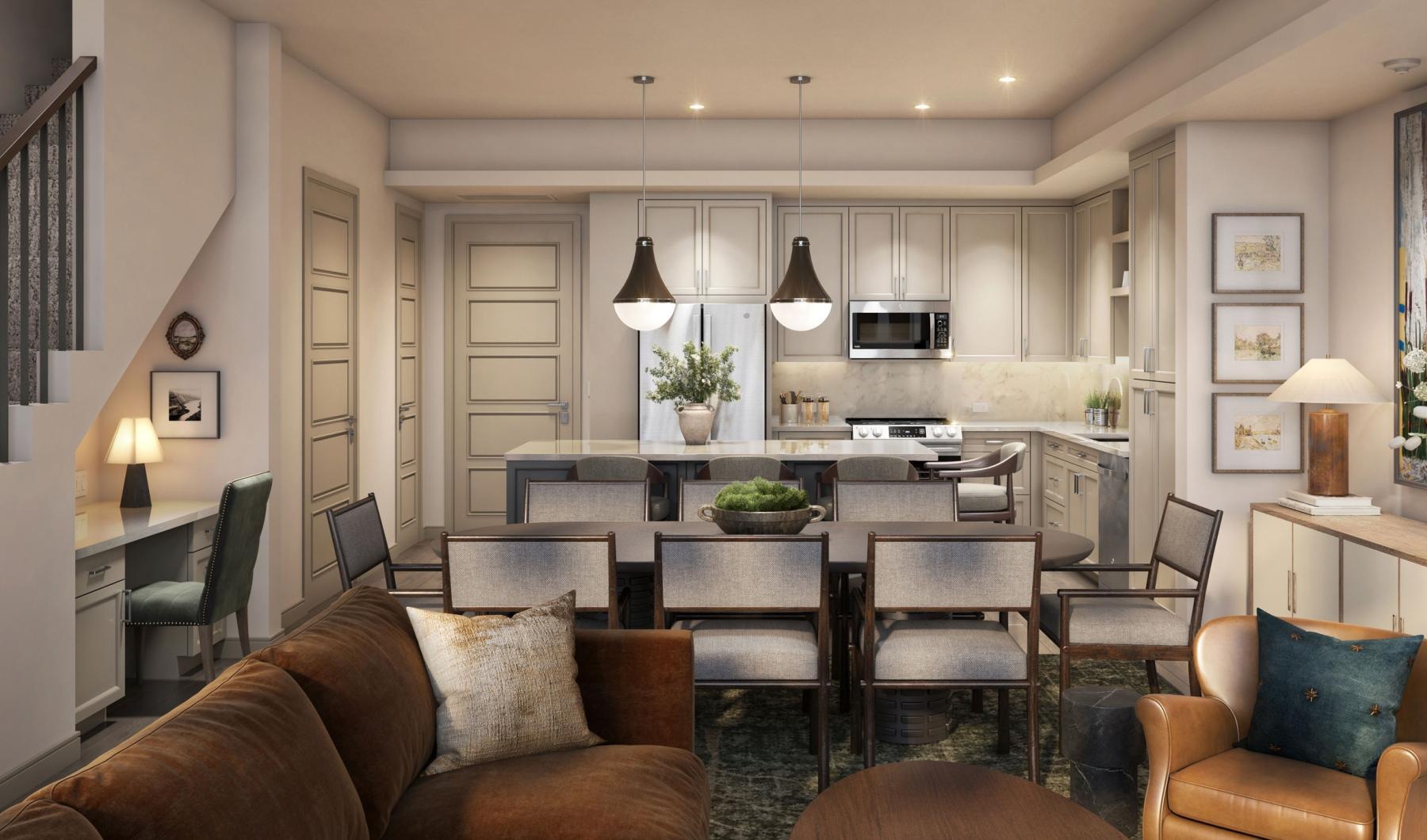 a living room with a bar and chairs