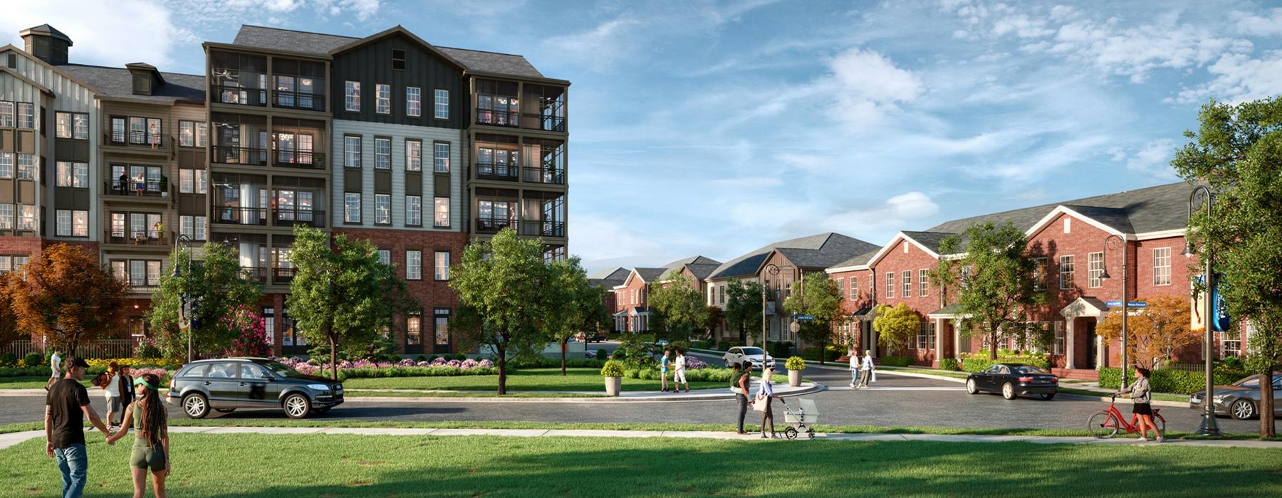 a group of people walking around a park in front of a building