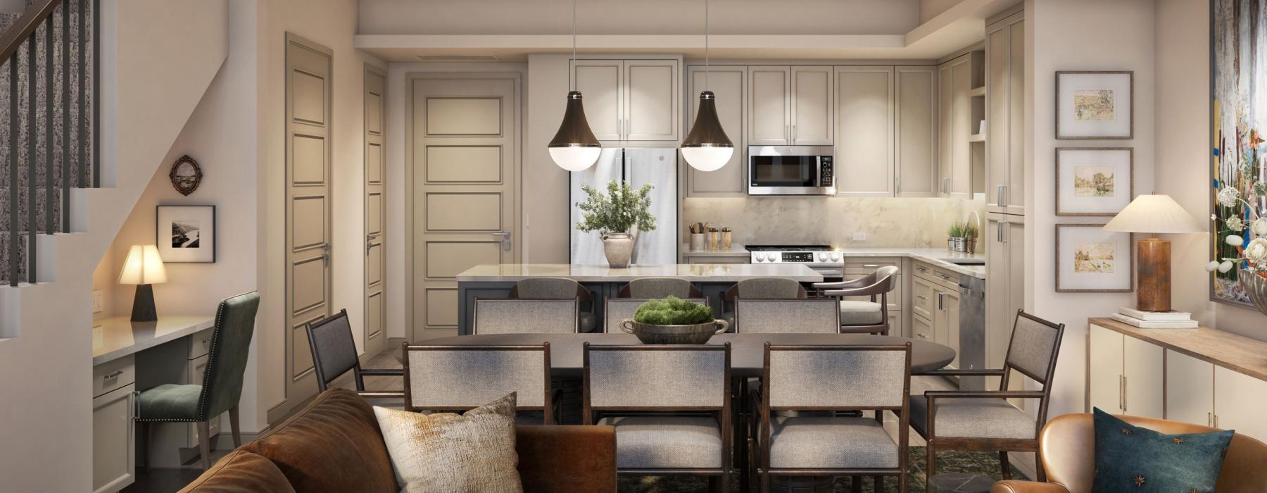 a living room with a bar and chairs