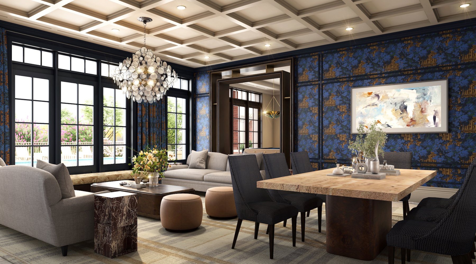 a room with a table chairs large windows with a large painting