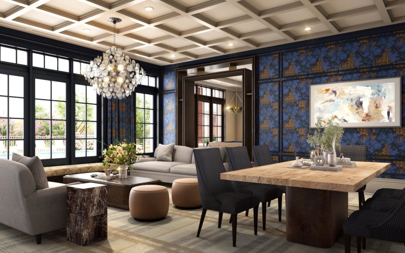 a room with a table chairs large windows with a large painting