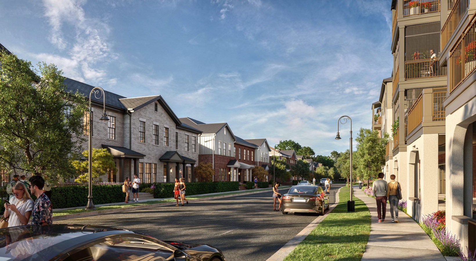 a street with people and cars