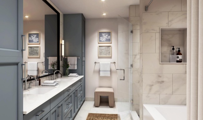 a bathroom with a shower sink and a mirror